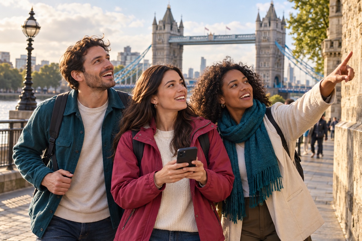 Przyjaciele podążają za wskazówką przy Tower Bridge w Londynie