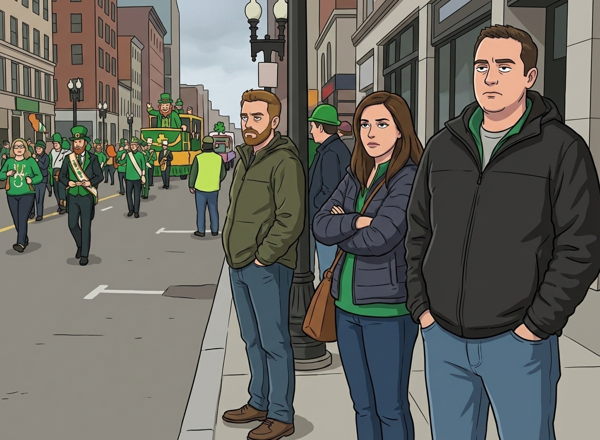 Bystanders watching a St. Patrick's Day parade from the sidewalk