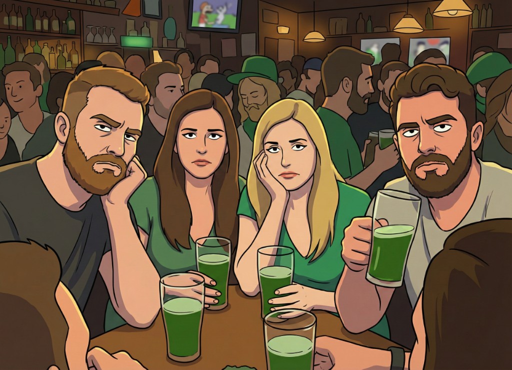 Group at a bar looking bored with green drinks