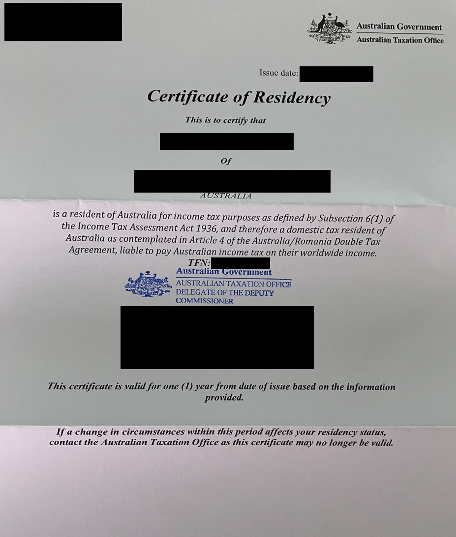 Example Tax Residency Certificate from Australia