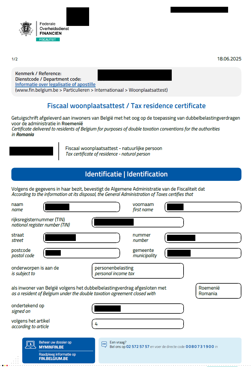 Example Tax Residency Certificate from Belgium