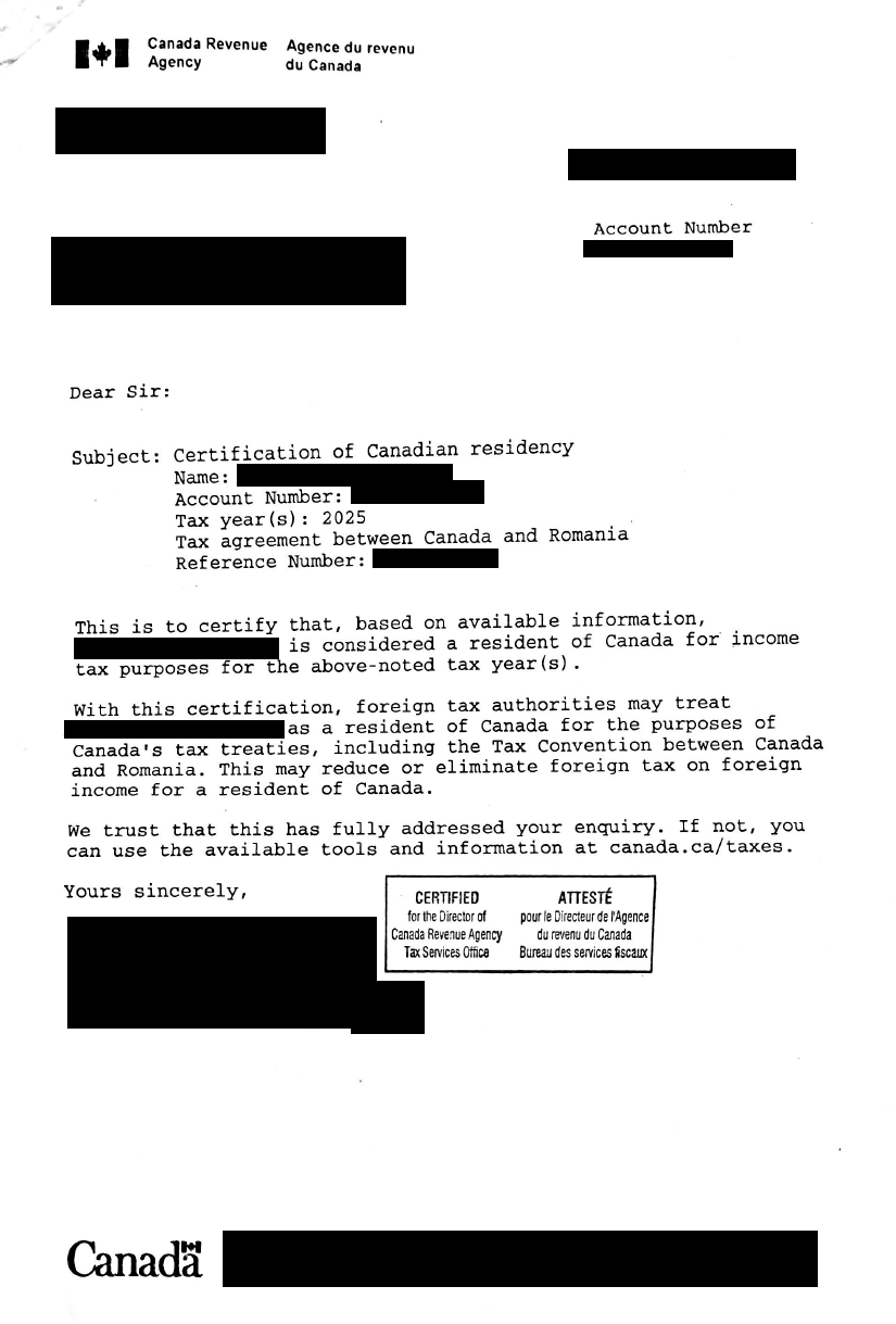 Example Tax Residency Certificate from Canada