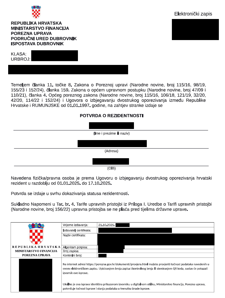 Example Tax Residency Certificate from Croatia