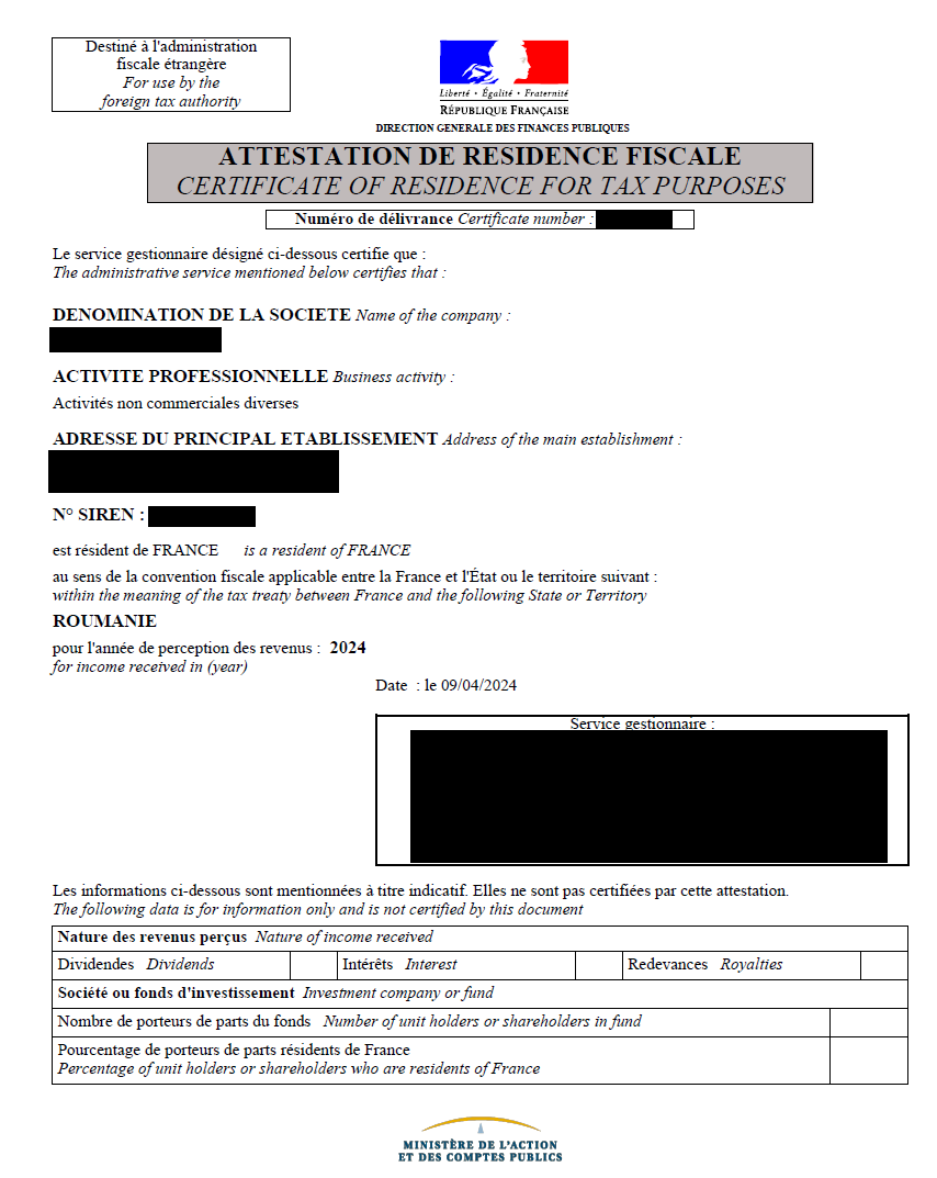 Example Tax Residency Certificate from France
