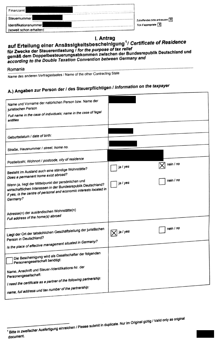 Example Tax Residency Certificate from Germany
