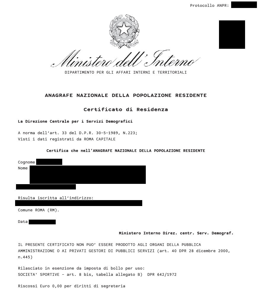 Example Tax Residency Certificate from Italy