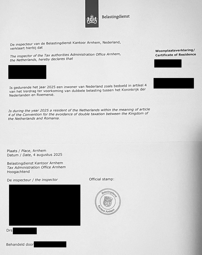 Example Tax Residency Certificate from Netherlands