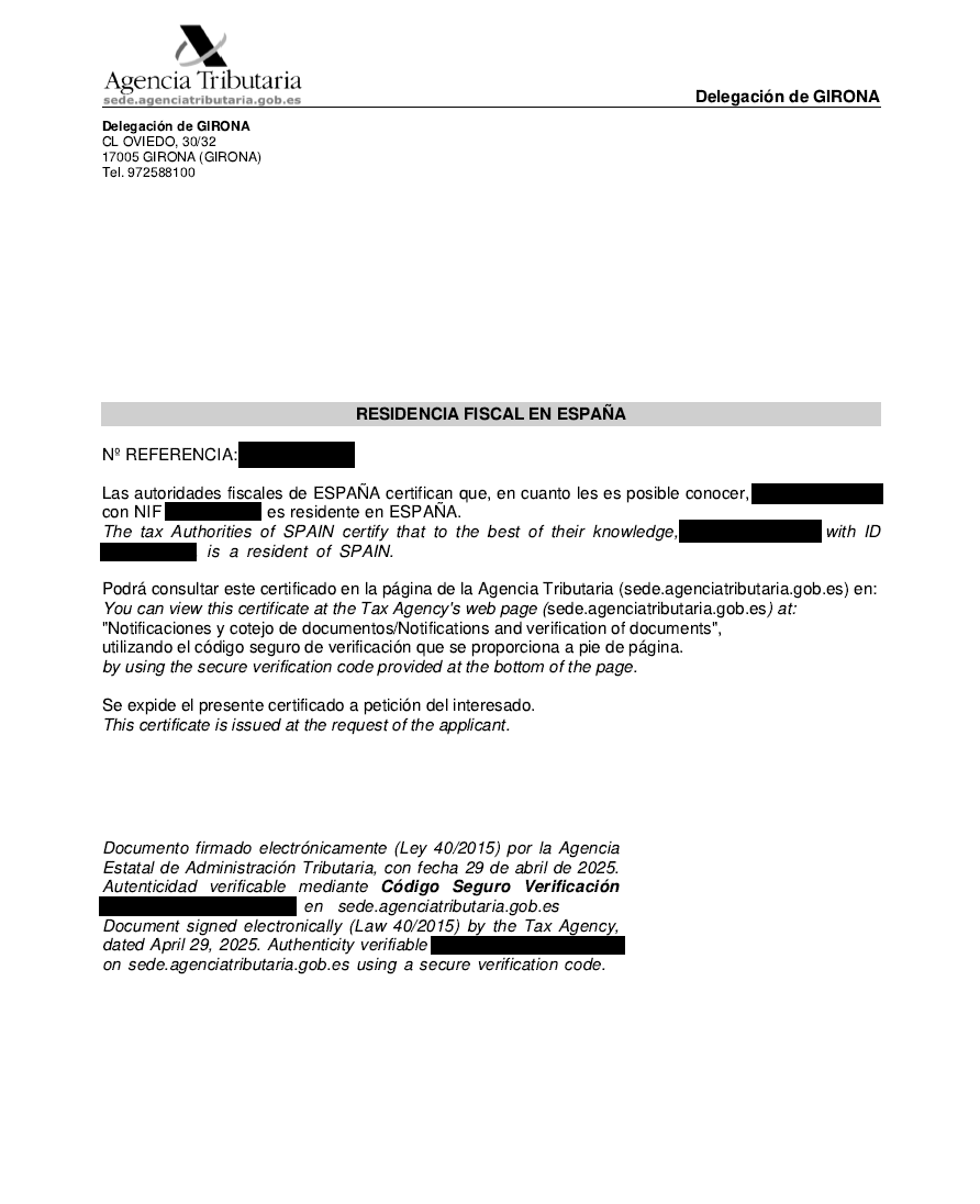 Example Tax Residency Certificate from Spain