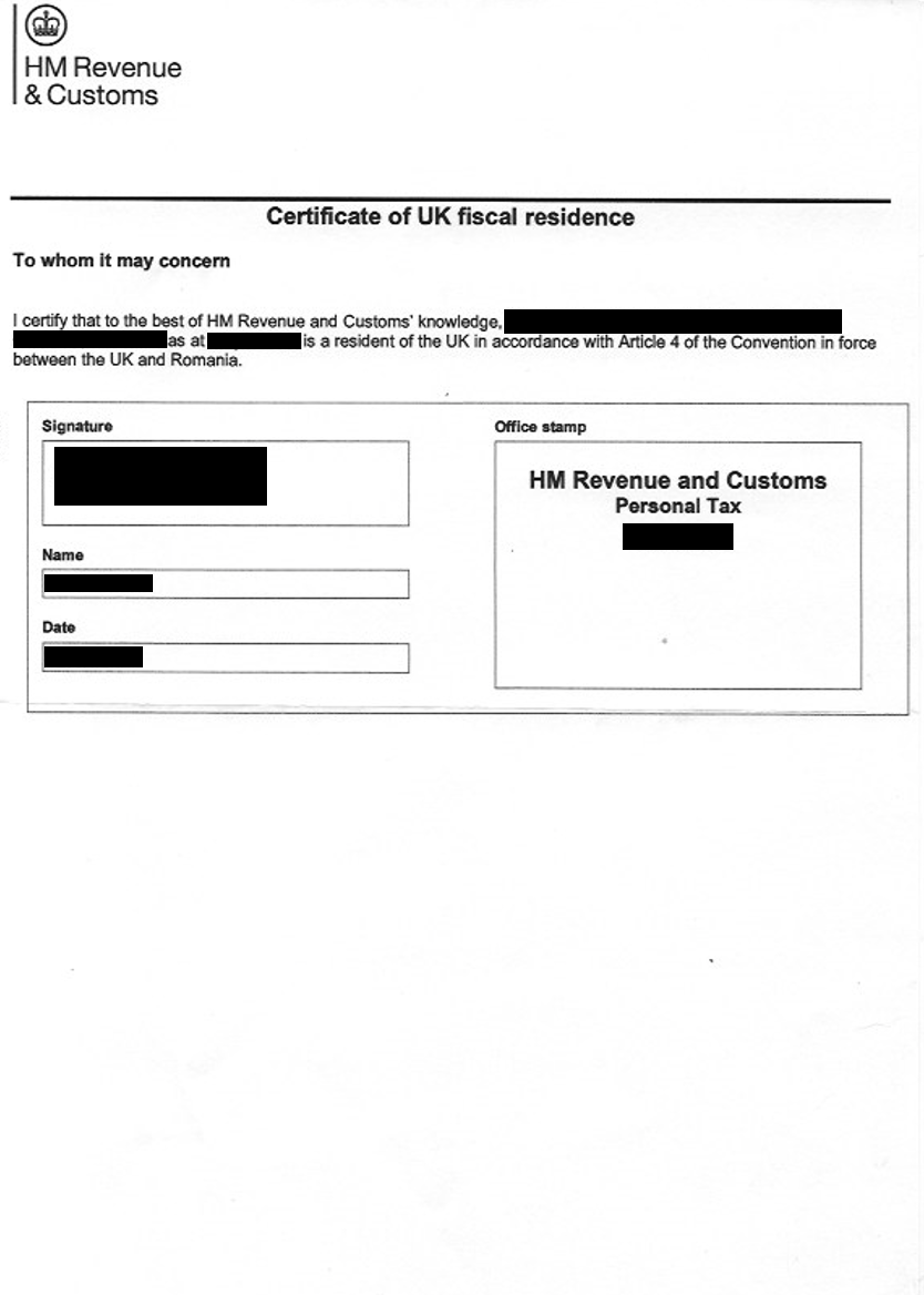 Example Tax Residency Certificate from United Kingdom